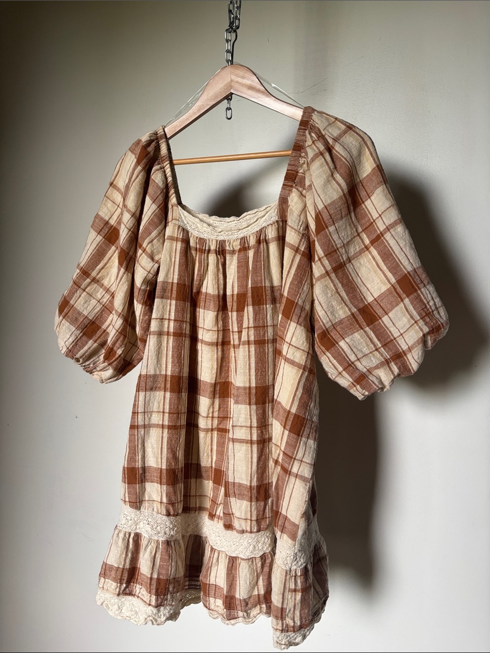 Plaid Puff-Sleeve Mini Dress in Cream and Brown OR 3XL Tunic